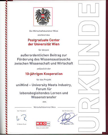 Urkunde der Wirtschaftskammer Wien zum 10-jährigen Bestehen der Kooperation für "University Meets Industry"